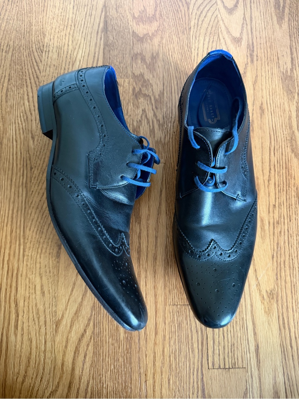Ted Baker Black Leather Wingtip Oxfords with Blue Accents